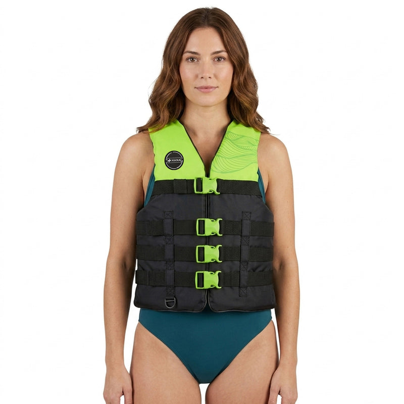 HANA Dual Sport 50 N life jacket, Green – front view, worn by a woman