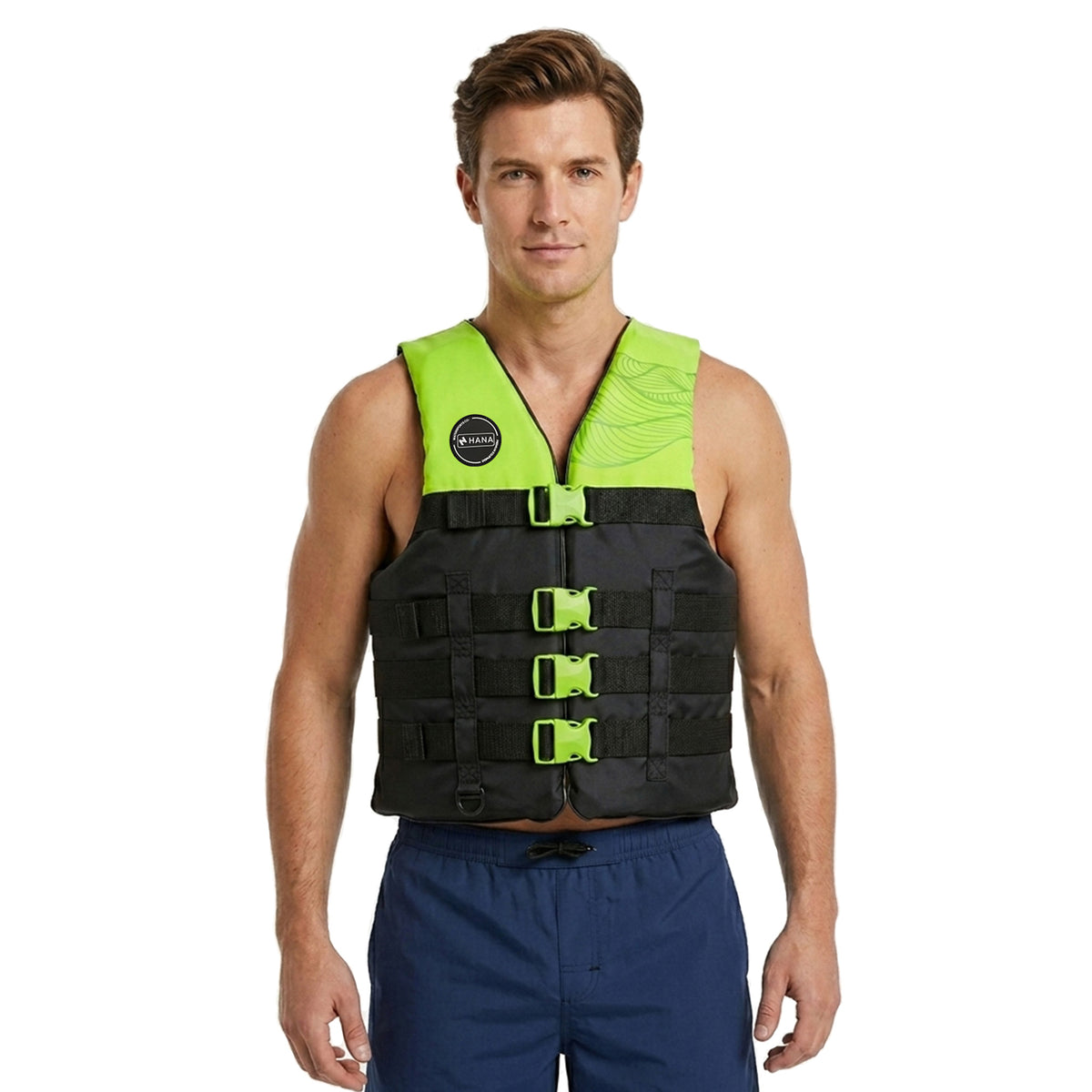 HANA Dual Sport 50 N life jacket, Green – front view, worn by a man