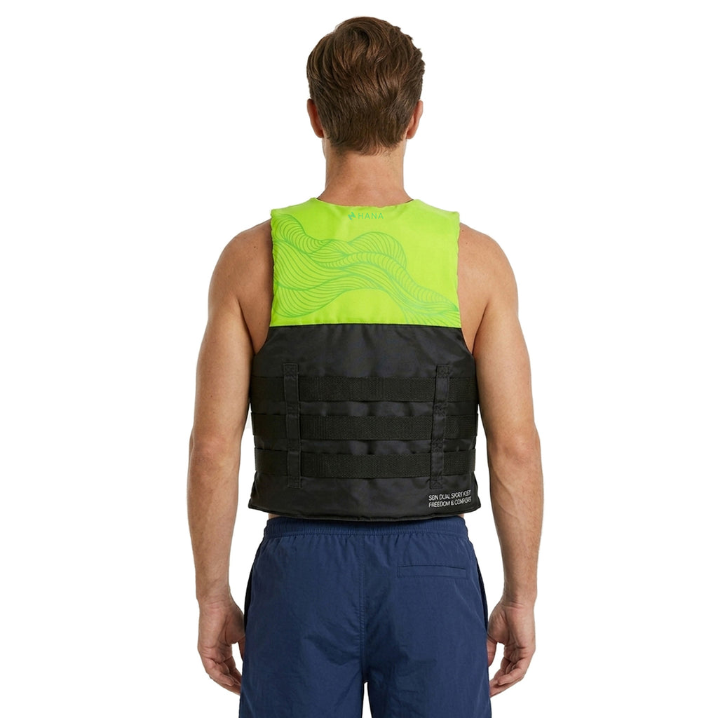 HANA Dual Sport 50 N life jacket, Green – back view, worn by a man