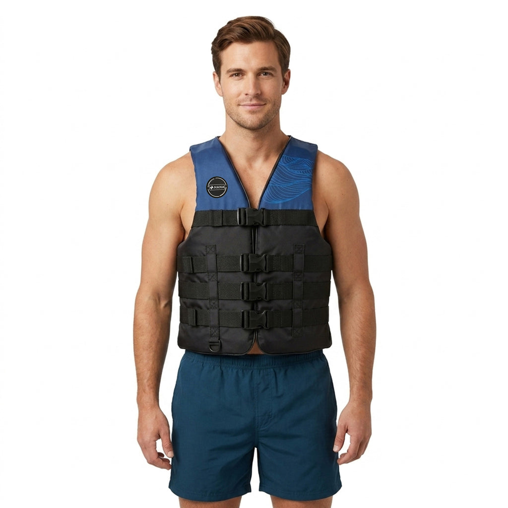 HANA Dual Sport 50 N life jacket, Navy – front view, worn by a man