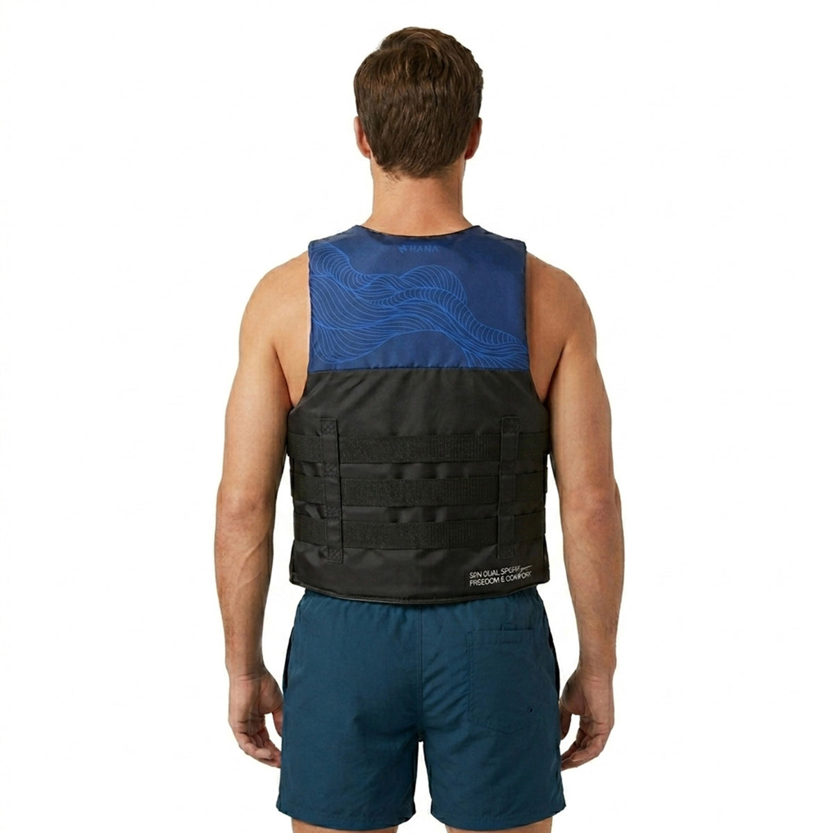 HANA Dual Sport 50 N life jacket, Navy – back view, worn by a man