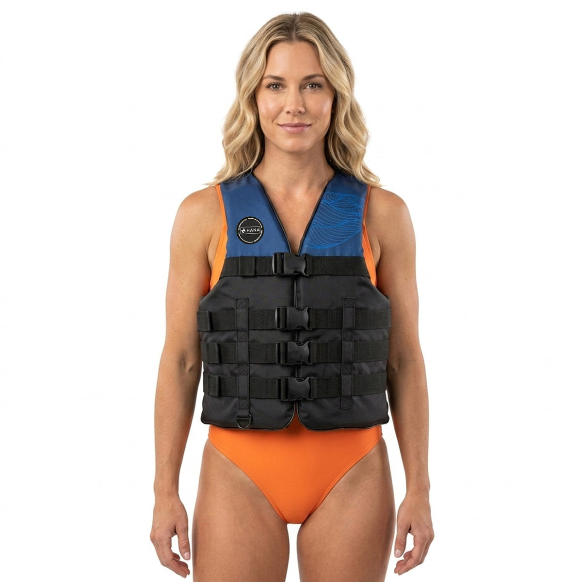 HANA Dual Sport 50 N life jacket, Navy – front view, worn by a woman
