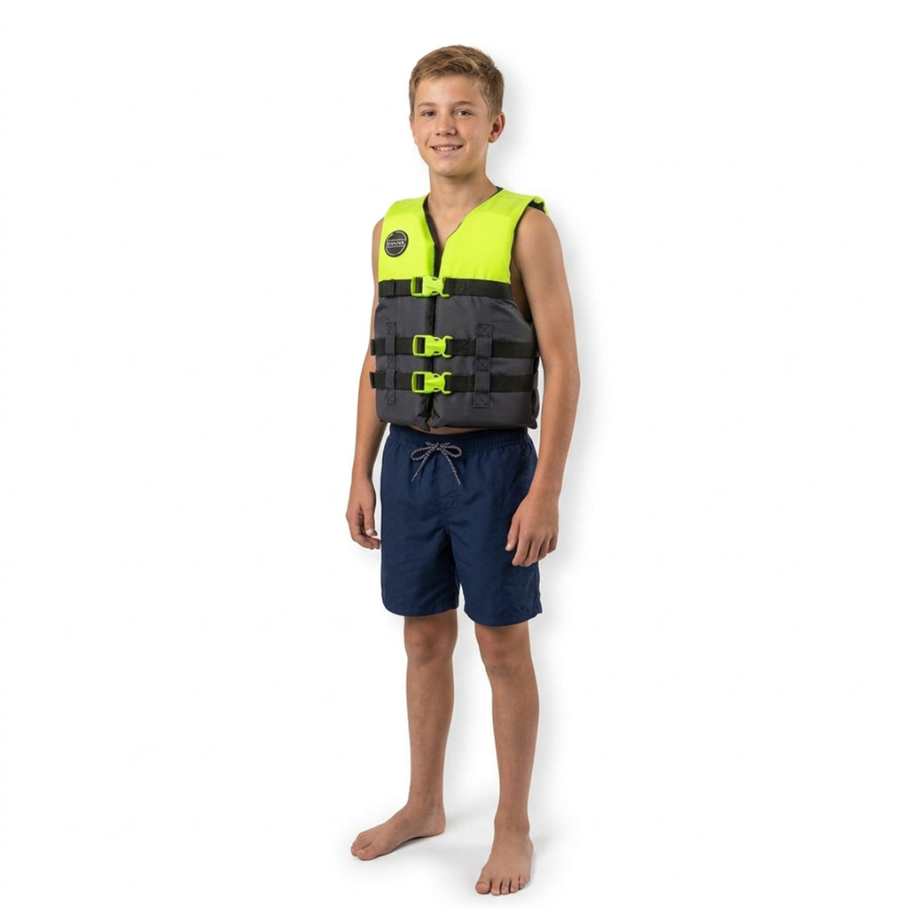 Child wearing the green HANA Dual Sport Youth 50 N vest, front view
