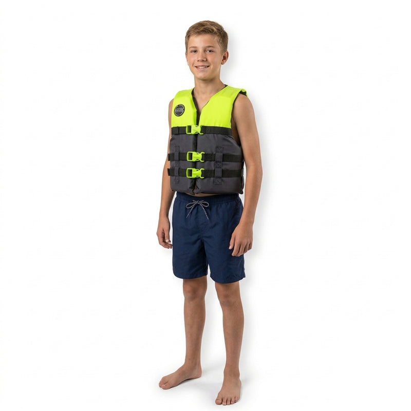 Child wearing the green HANA Dual Sport Youth 50 N vest, front view
