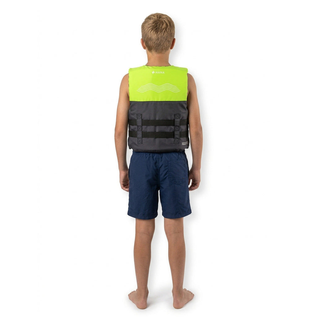 Child wearing the green HANA Dual Sport Youth 50 N vest, back view