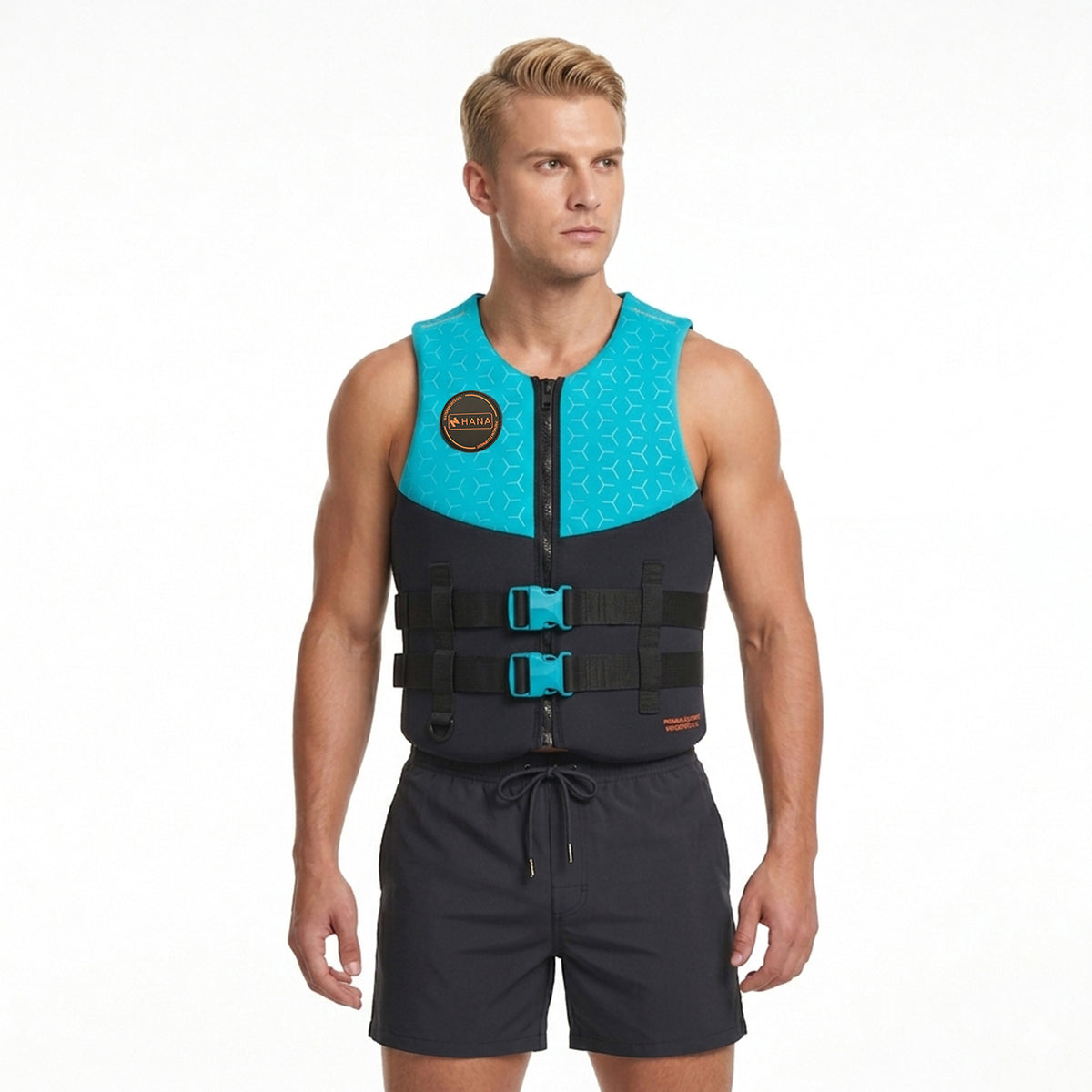 HANA Neo Vest 50 N life jacket, Light Blue – front view, worn by a man