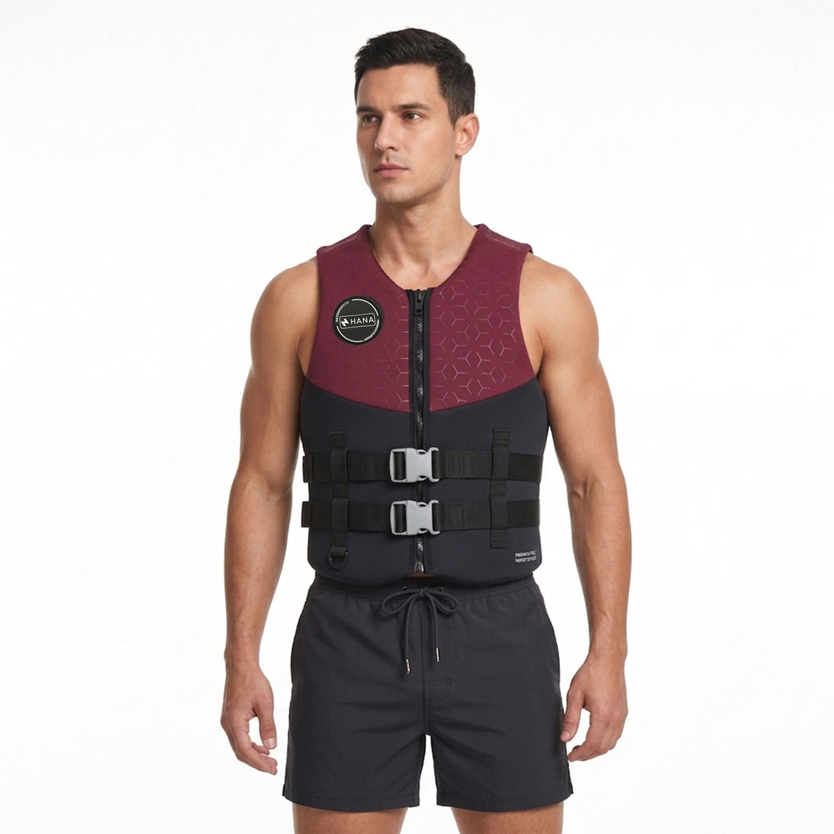 HANA Neo Vest 50 N life jacket, Burgundy – front view, worn by a man