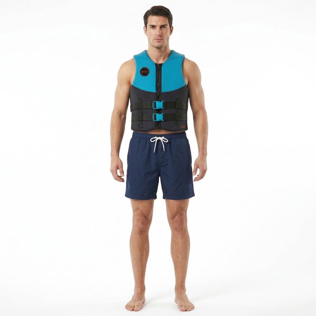 HANA Neo Vest 50 N life jacket, Blue – front view, worn by a man