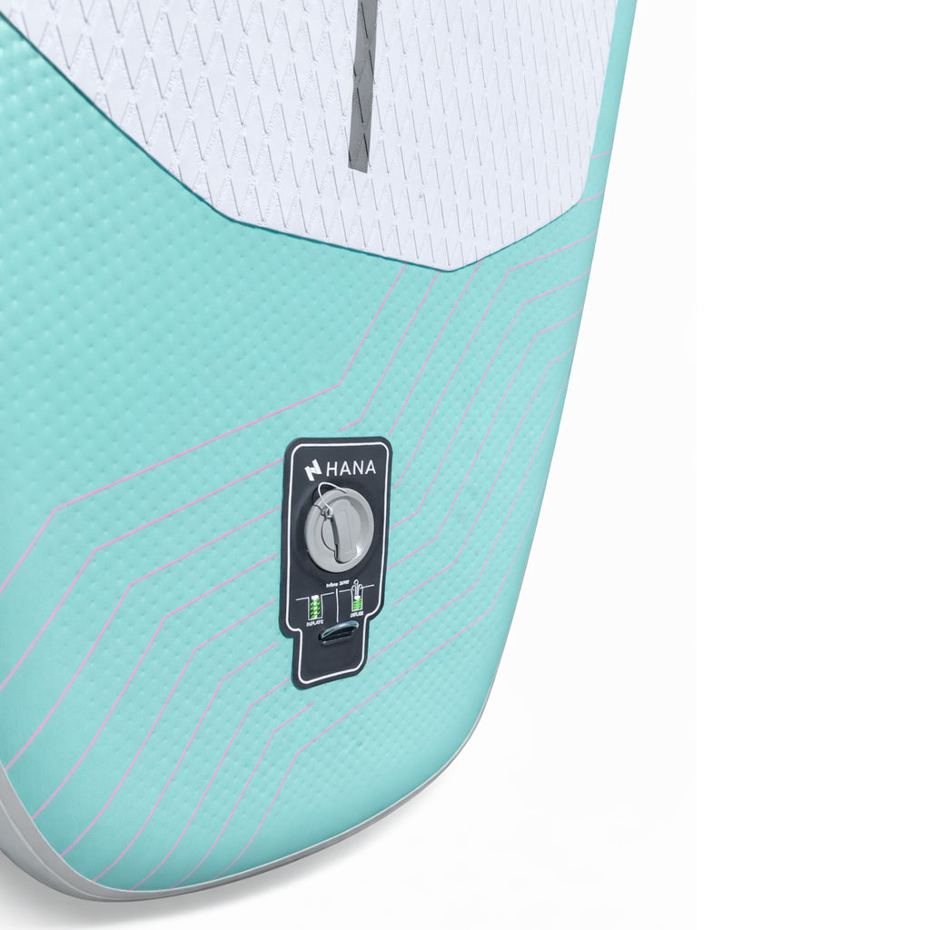 HANA California 2026 inflatable paddle board in Mint – tail and inflation valve