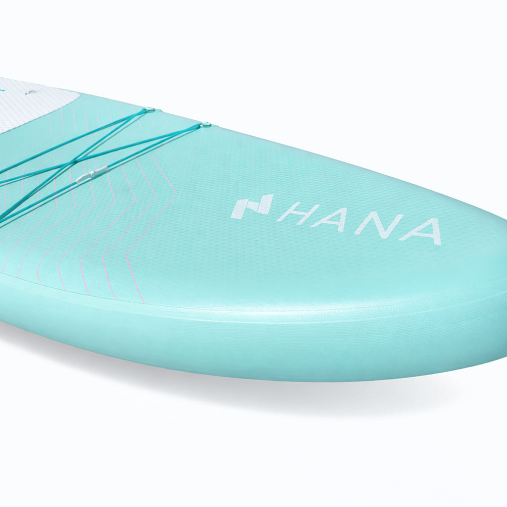 HANA California 2026 inflatable paddle board in Mint – rail with HANA logo