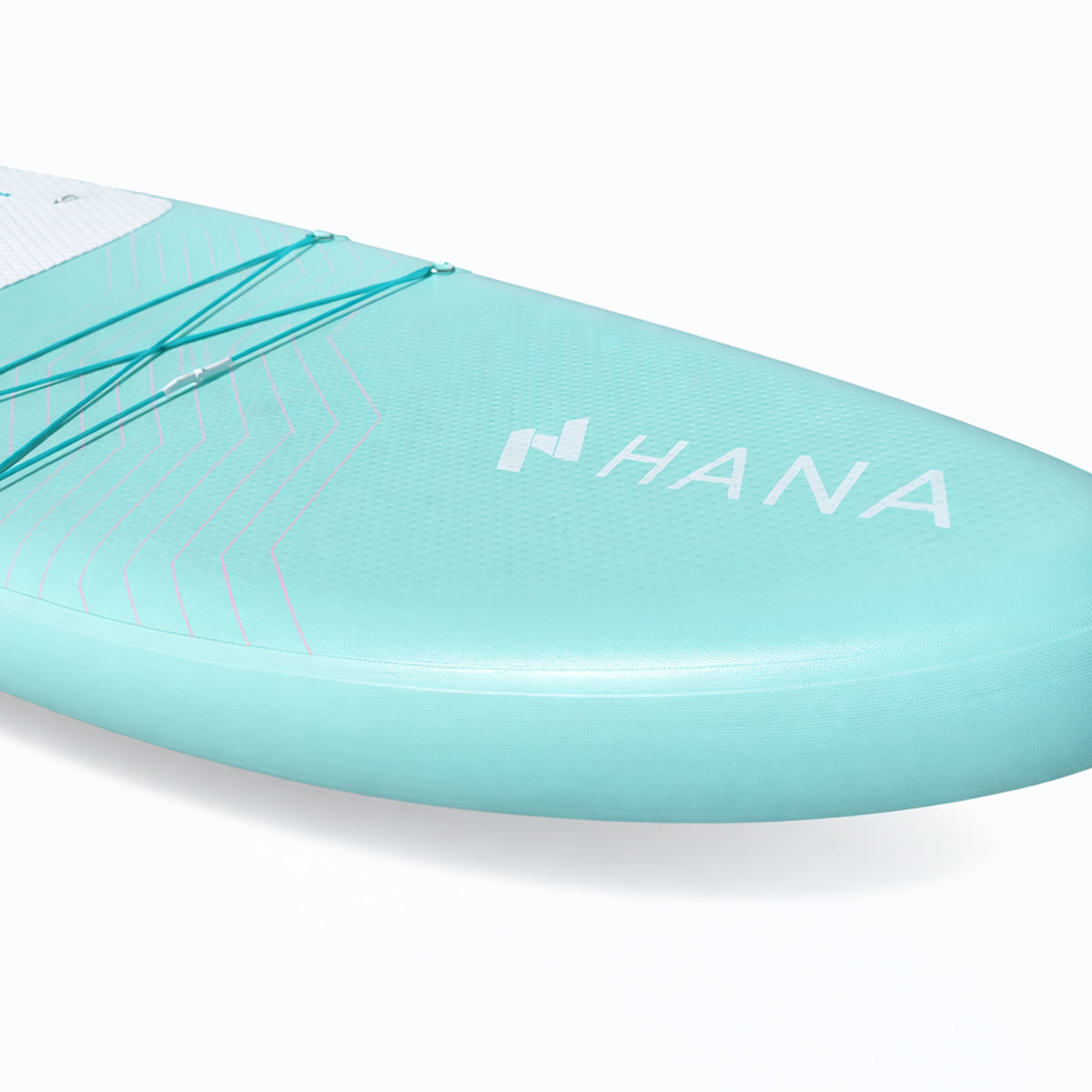 HANA California 2026 inflatable paddle board in Mint – rail with HANA logo