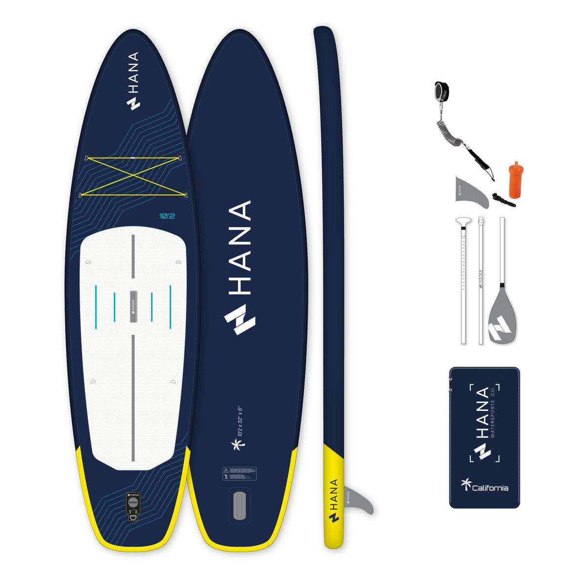 HANA California 2026 10’2 inflatable paddle board in Navy – complete package with paddle, pump, leash and bag