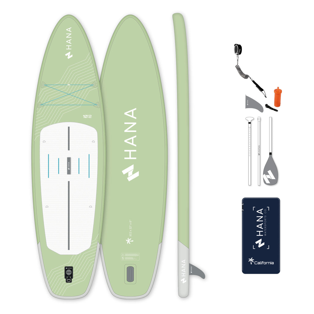 HANA California 2026 10’2 inflatable paddle board in Olive – complete package with paddle, pump, leash and bag