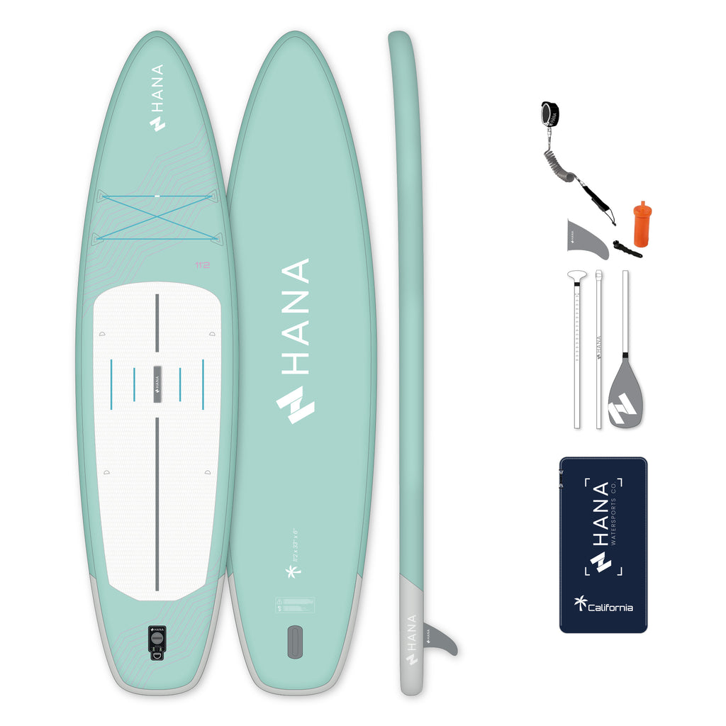 HANA California 2026 11’2 inflatable paddle board in Mint – complete package with paddle, pump, leash and bag
