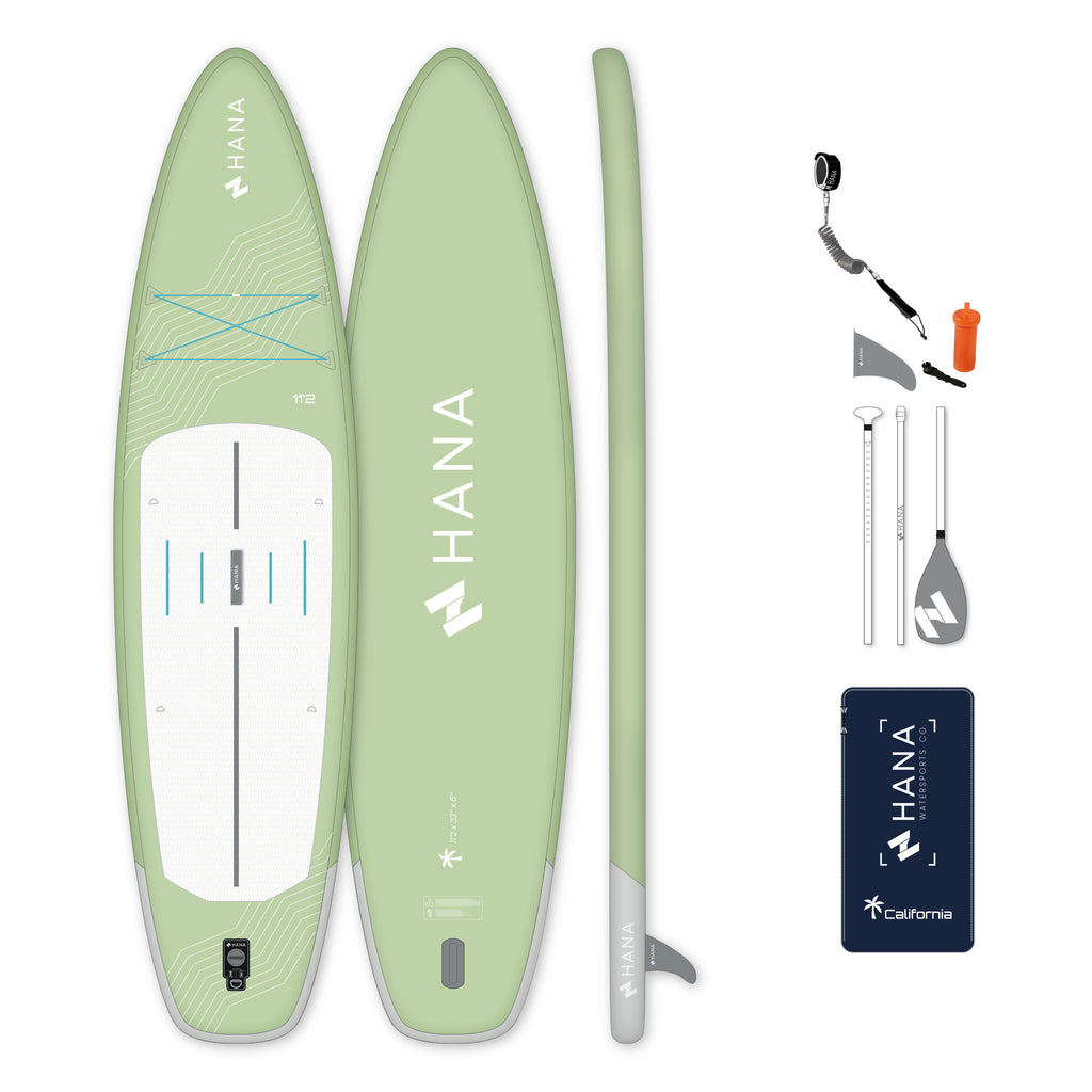 HANA California 2026 11’2 inflatable paddle board in Olive – complete package with paddle, pump, leash and bag