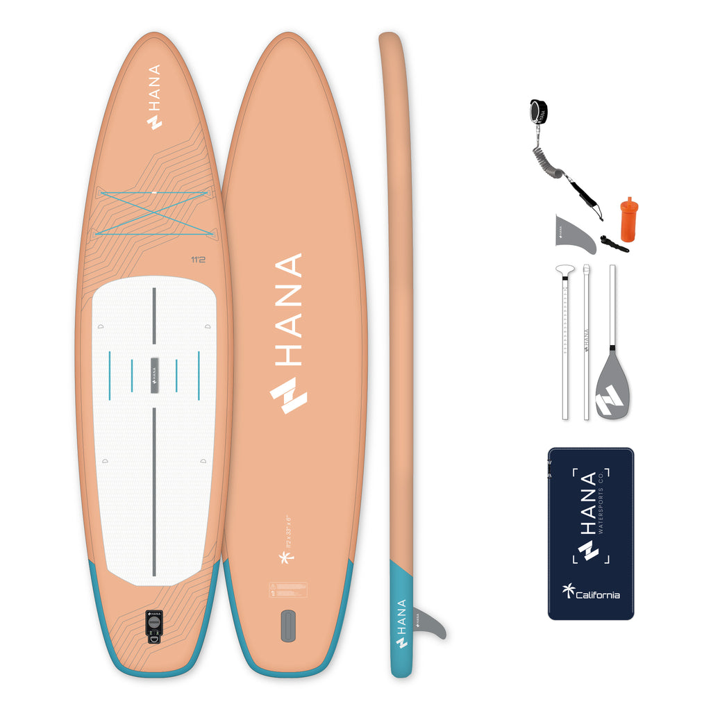 HANA California 2026 11’2 inflatable paddle board in Peach – complete package with paddle, pump, leash and bag