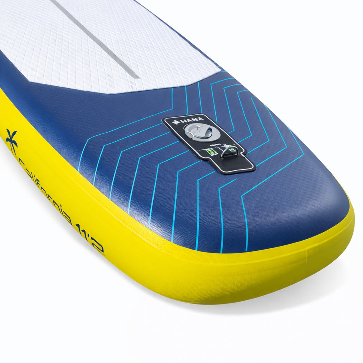 HANA California 2026 inflatable paddle board in Navy – tail and inflation valve