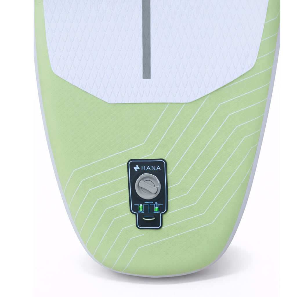 HANA California 2026 inflatable paddle board in Olive – tail and inflation valve