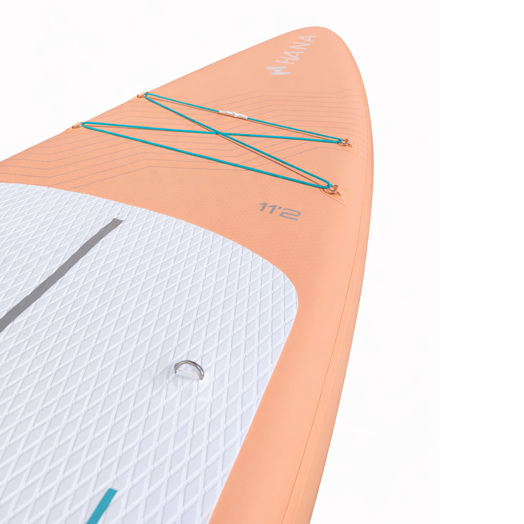 Paddle gonflable HANA California 2026 coloris Pêche – avant de la planche avec filet de rangement