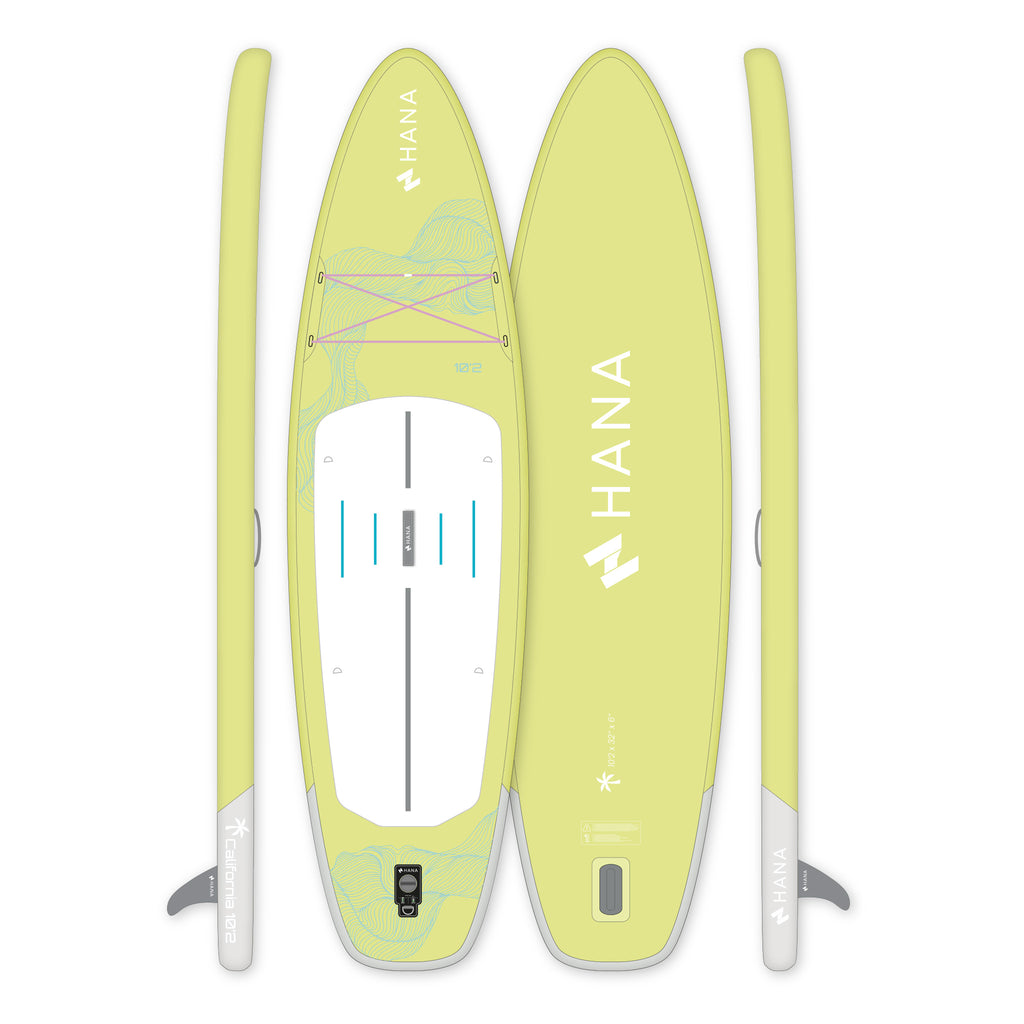 Aufblasbares SUP-Board HANA California 10’2 in Lemon – Board von oben, von unten und im Profil