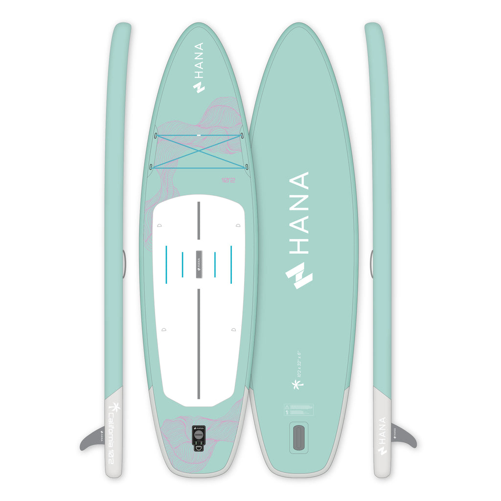 Paddle gonflable HANA California 10’2 coloris Mint – planche vue de dessus, de dessous et de profil