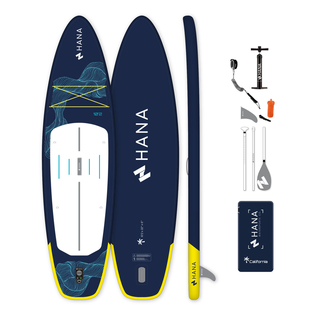 HANA California 10’2 inflatable paddle board in Navy – complete package with paddle, pump, leash and bag
