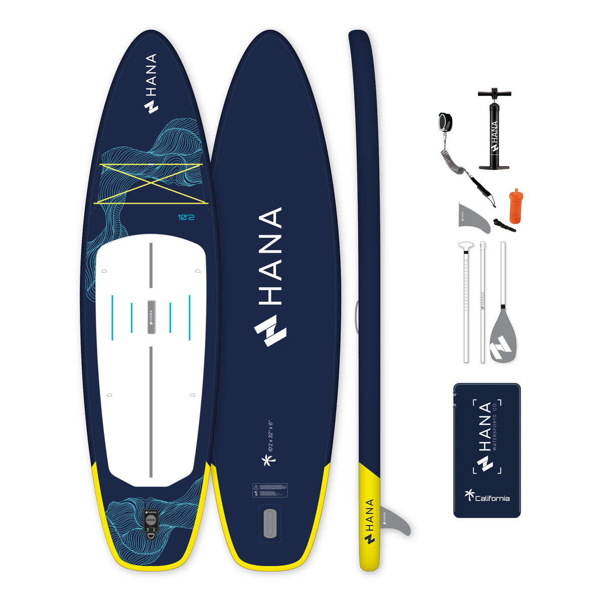 HANA California 10’2 inflatable paddle board in Navy – complete package with paddle, pump, leash and bag