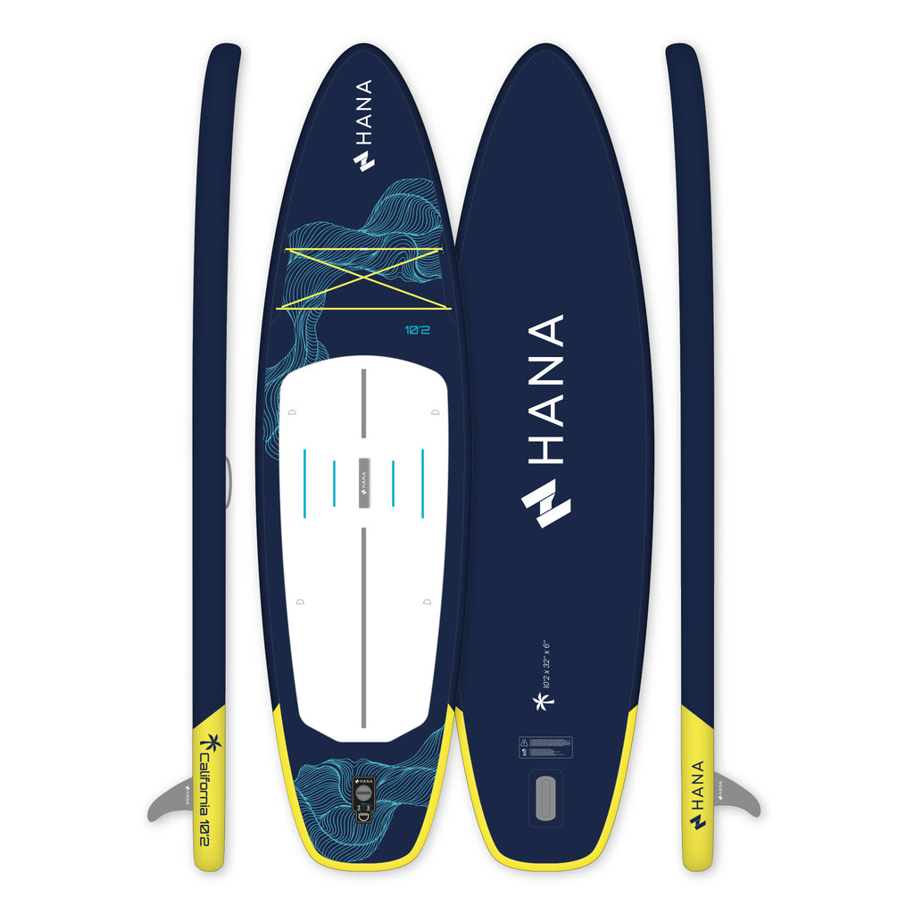 HANA California 10’2 inflatable paddle board in Navy – board top, bottom and side views