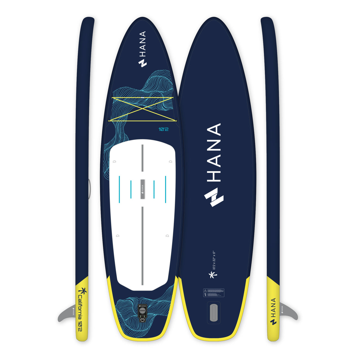 HANA California 10’2 inflatable paddle board in Navy – board top, bottom and side views