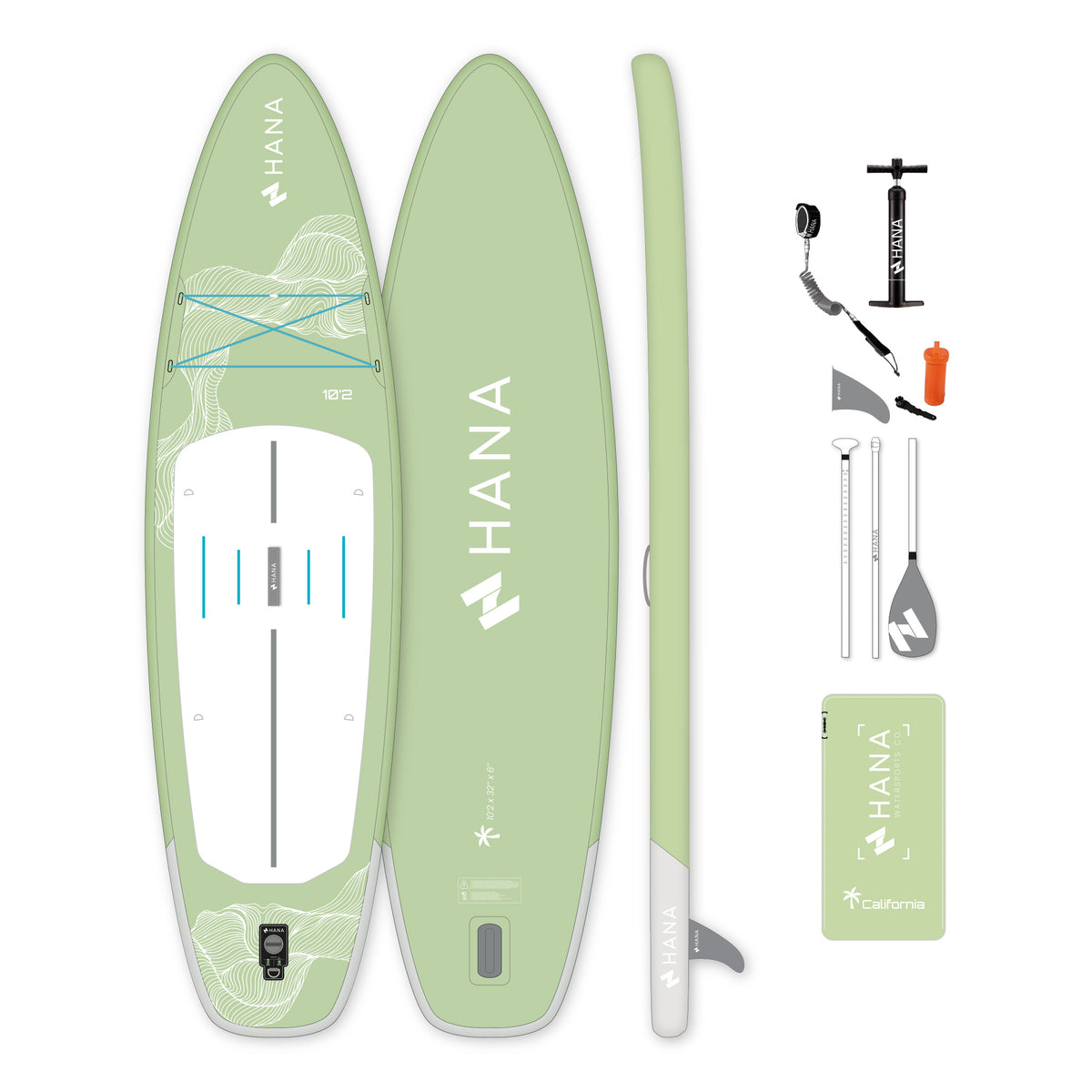 HANA California 10’2 inflatable paddle board in Olive – complete package with paddle, pump, leash and bag
