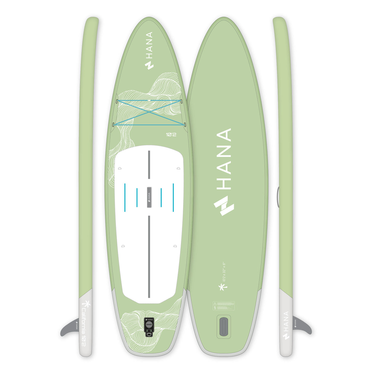 Paddle gonflable HANA California 10’2 coloris Olive – planche vue de dessus, de dessous et de profil
