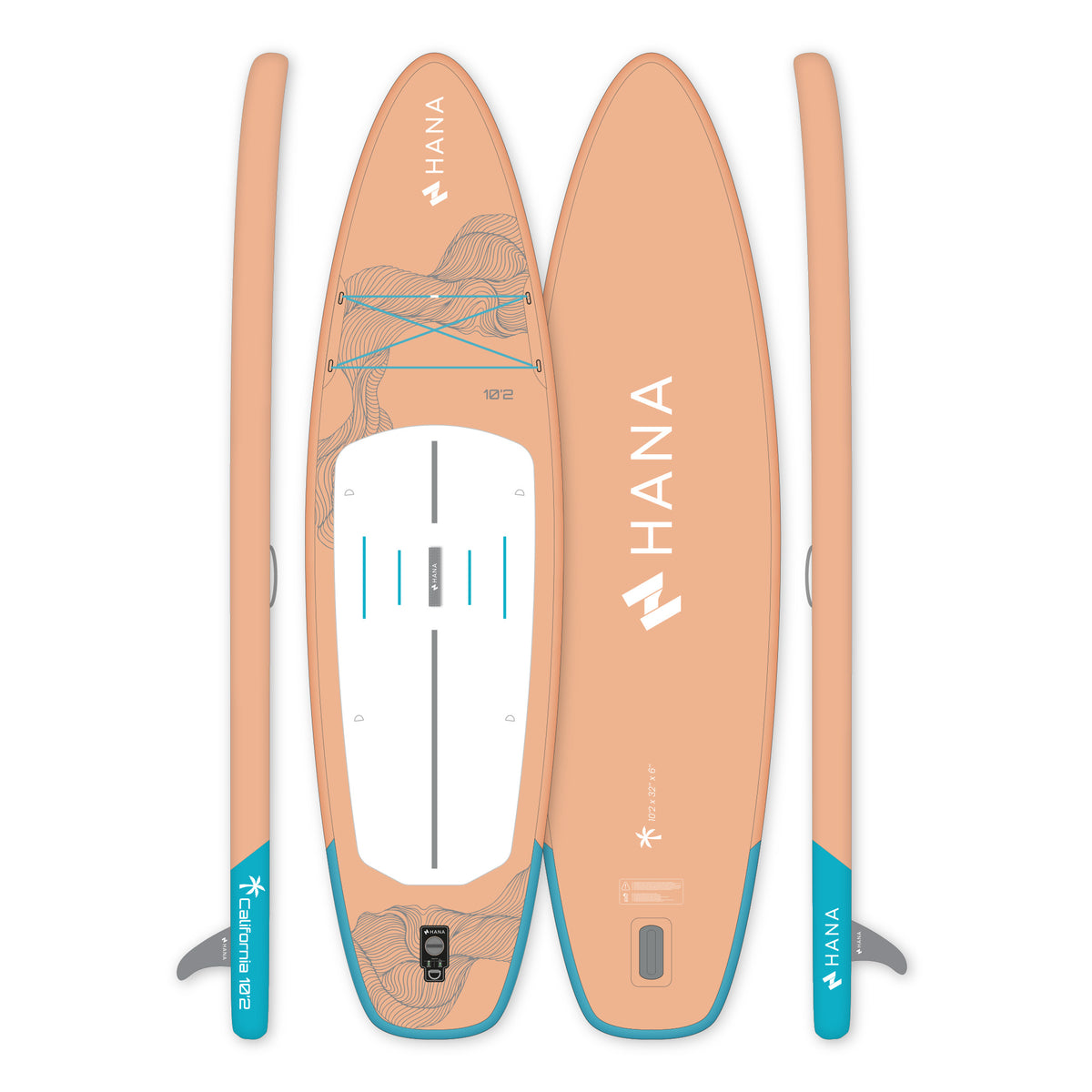 HANA California 10’2 inflatable paddle board in Peach – board top, bottom and side views