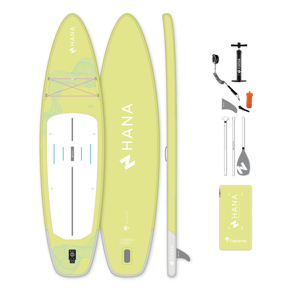 Paddle gonflable HANA California 11’2 coloris Lemon – pack complet avec pagaie, pompe, leash et sac