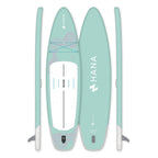HANA California 11’2 inflatable paddle board in Mint – board top, bottom and side views