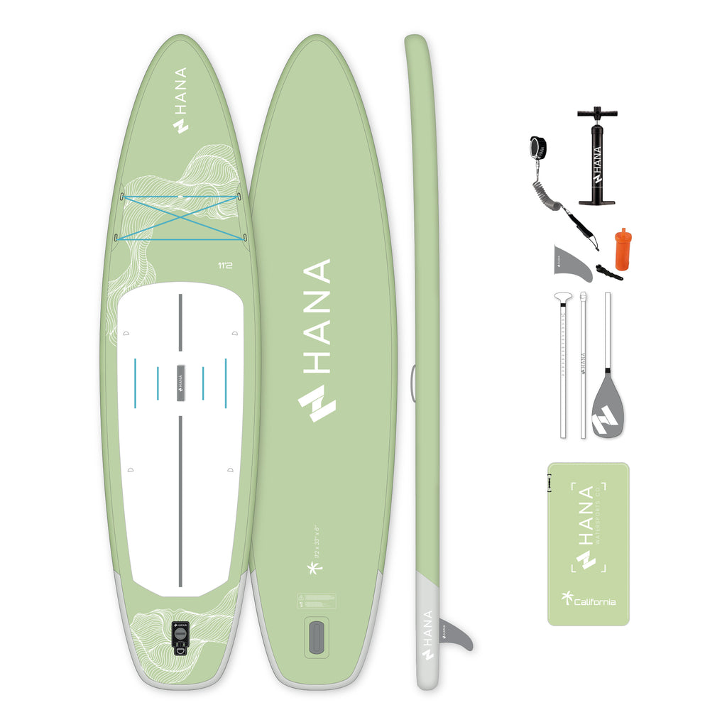 Paddle gonflable HANA California 11’2 coloris Olive – pack complet avec pagaie, pompe, leash et sac