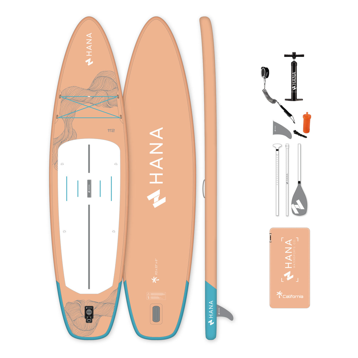 HANA California 11’2 inflatable paddle board in Peach – complete package with paddle, pump, leash and bag