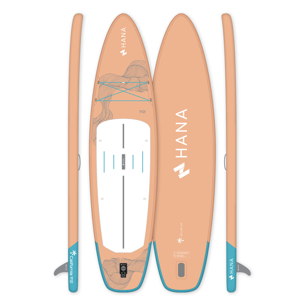Paddle gonflable HANA California 11’2 coloris Pêche – planche vue de dessus, de dessous et de profil
