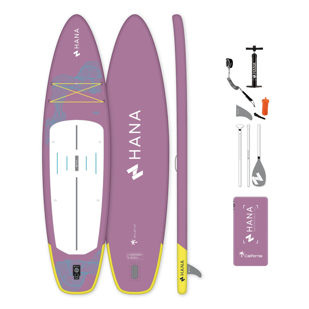 HANA California 11’2 inflatable paddle board in Purple – complete package with paddle, pump, leash and bag