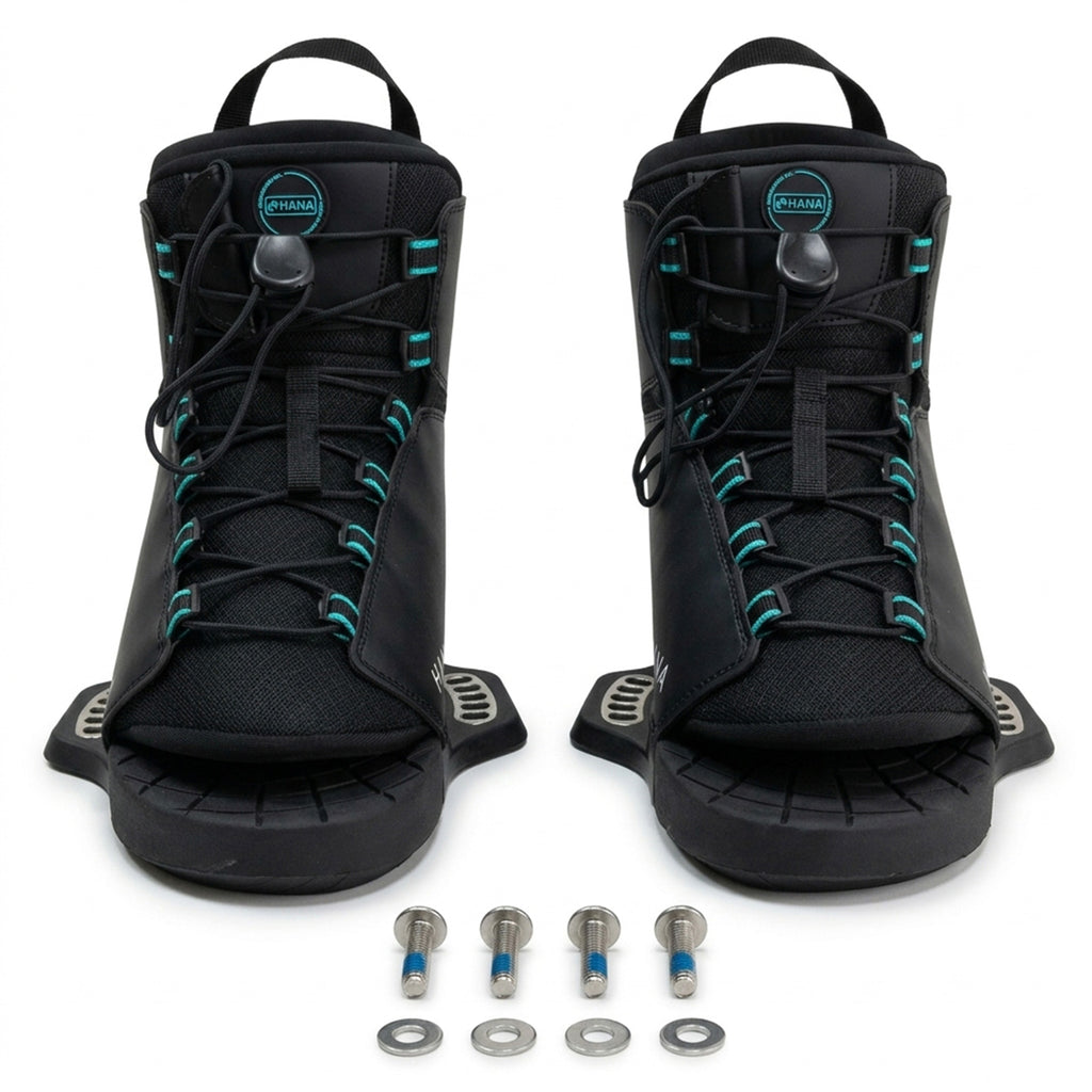 HANA Carver wake bindings, front view with M6 hardware