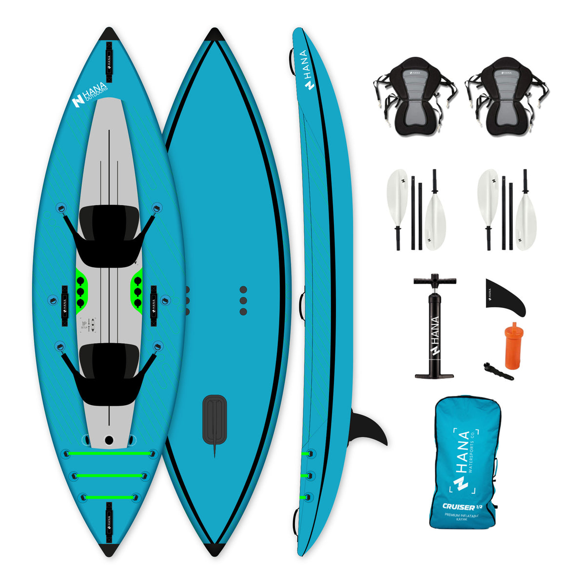 Kayak gonflable HANA Cruiser 1/2P bleu – pack complet avec 2 pagaies, 2 sièges, pompe, dérive et sac