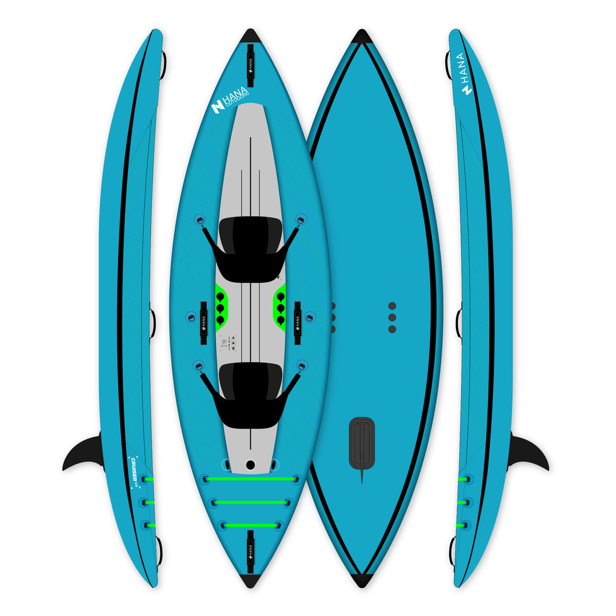 Kayak gonflable HANA Cruiser 1/2P bleu – kayak vu de dessus, de dessous et de profil