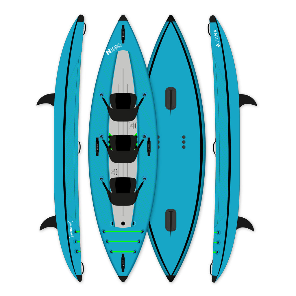 Blue HANA Cruiser 2/3P inflatable kayak – kayak top, bottom and side views