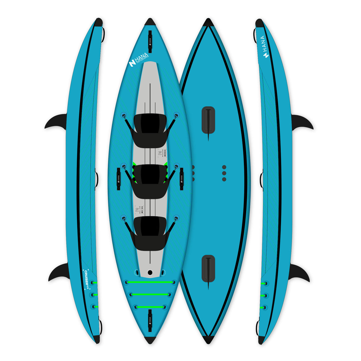 Kayak gonflable HANA Cruiser 2/3P bleu – kayak vu de dessus, de dessous et de profil