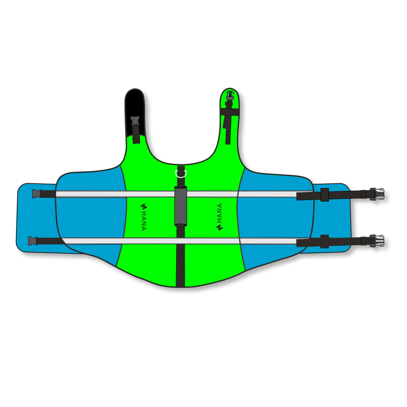Blue and green HANA dog life jacket laid flat, with its handle and straps