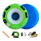 Pack bouée tractée HANA Fishburger – contenu du pack : bouée, flamme orange, corde, quick release et pompe à pied