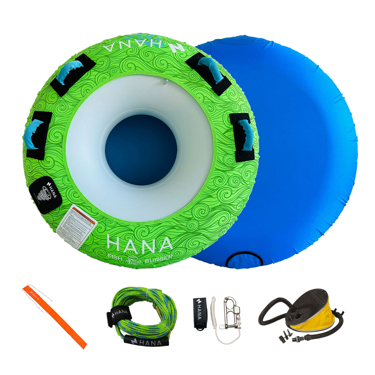 HANA Fishburger towable tube pack – pack contents: tube, orange flag, rope, quick release and foot pump