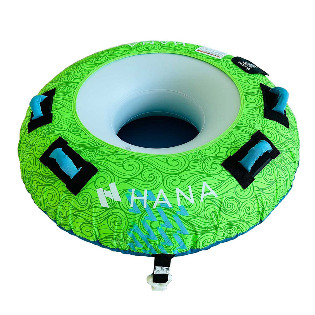 Pack bouée tractée HANA Fishburger – vue de trois quarts avec le point d’accroche