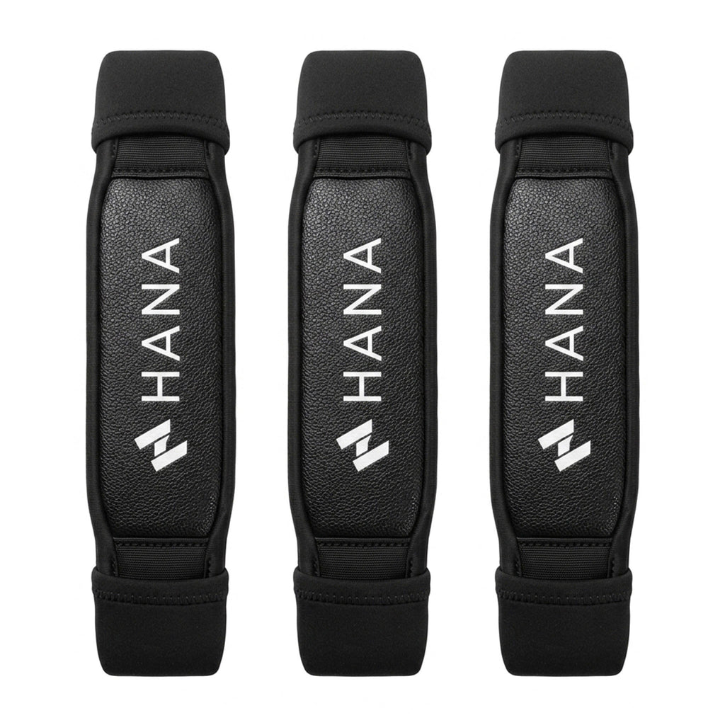 Set mit 3 schwarzen HANA Premium Fußschlaufen für Windsurfboards – Ansicht von oben