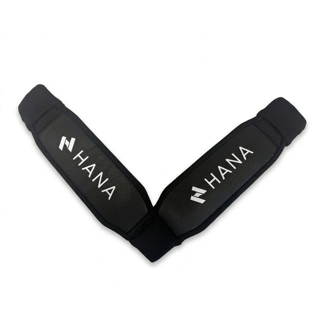HANA Premium double V footstrap for wingfoil, black – top view with HANA logo
