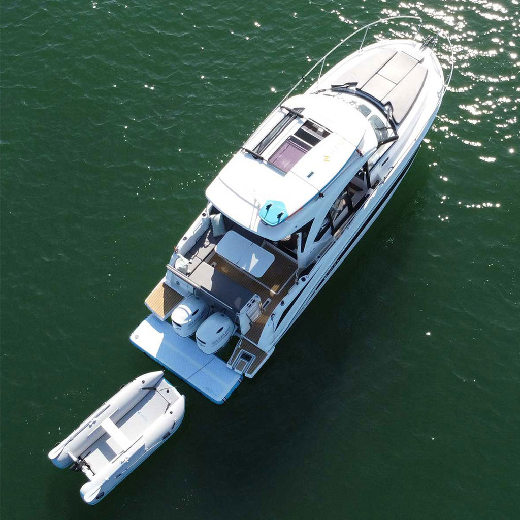 HANA Yachting inflatable gangway – used as a swim platform at the stern of a yacht, aerial view